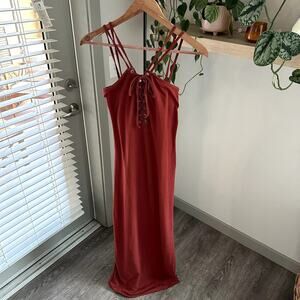 Oboe Rust Lace Up Maxi Dress Size L Women’s Strappy Bodycon Boho Sexy